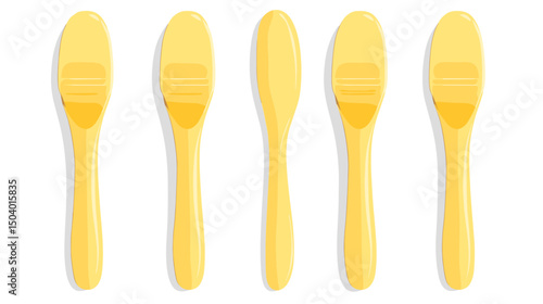 Collection of Five Yellow Plastic Spoons Arranged Neatly on a White Background