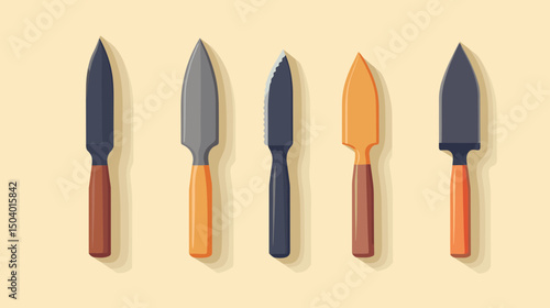 Collection of Five Garden Tools with Various Blade Shapes and Wooden Handles on Soft Background