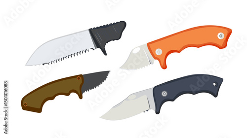 Collection of Four Folding Knives with Different Colored Handles and Varied Blade Designs