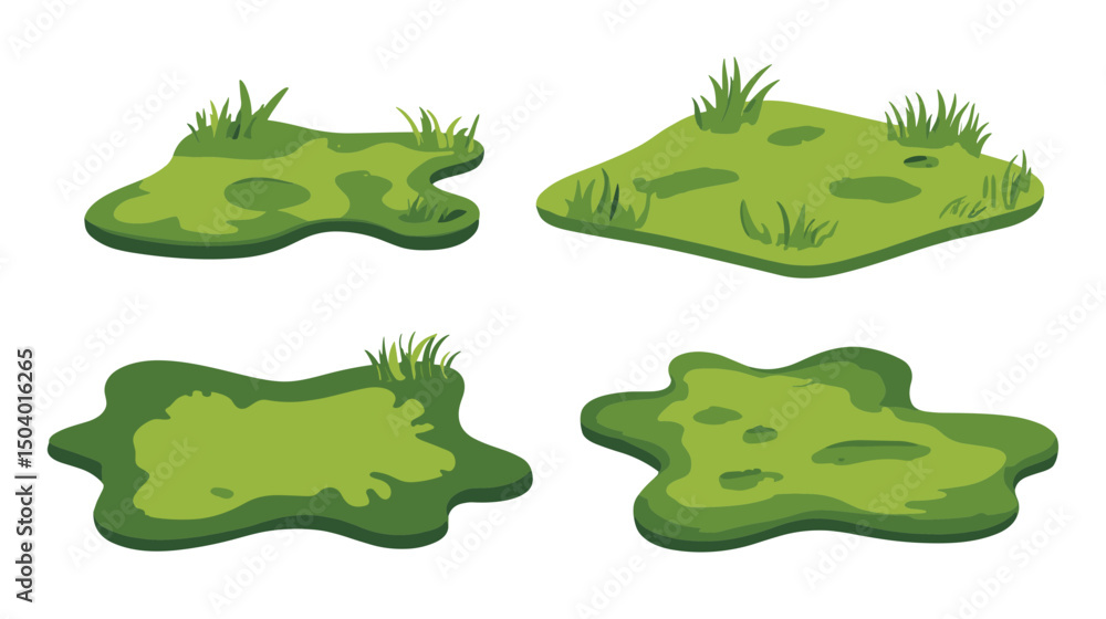 Obraz premium Collection of Four Vibrant Green Grass Patches with Varied Textures and Shapes for Graphic Design