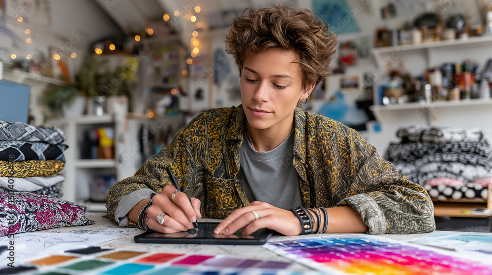 Fototapeta premium Happy non-binary woman working as a designer from home