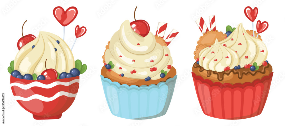 Cupcakes with whipped cream and red cherry. Portion sized, beautifully served dessert. Muffin with cream. Cupcakes with whipped cream and red cherry. Portion sized, beautifully served dessert. Muffin with cream.