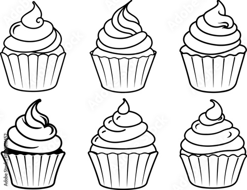 Set of sweet cupcake with cream outline coloring book page line art vector illustration