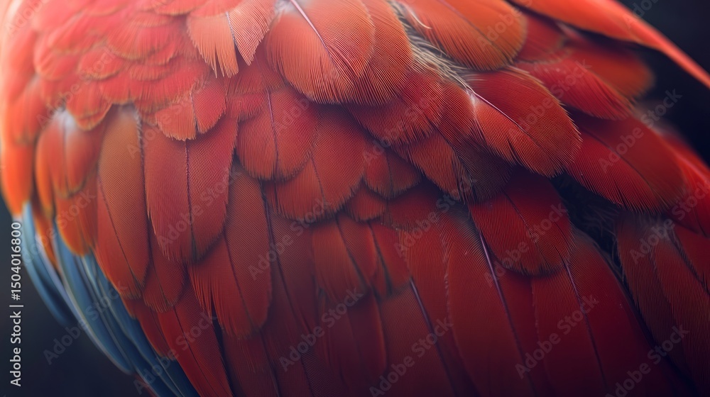 Fototapeta premium Vibrant close-up of scarlet macaw feathers showcasing bold red, yellow, and blue plumage in detailed texture for exotic bird and tropical wildlife backgrounds