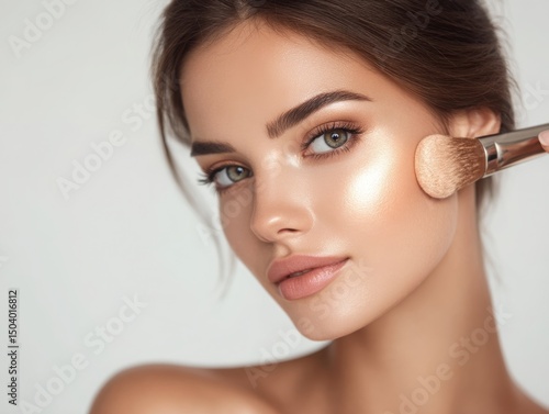 Close-up portrait of a young woman applying highlighter with makeup brush, showing glowing skin, natural beauty, and professional cosmetics application