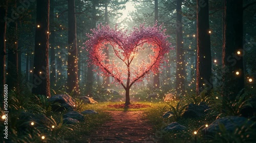 Enchanted forest: Heart shaped tree amidst sparkling lights, romantic woodland scene