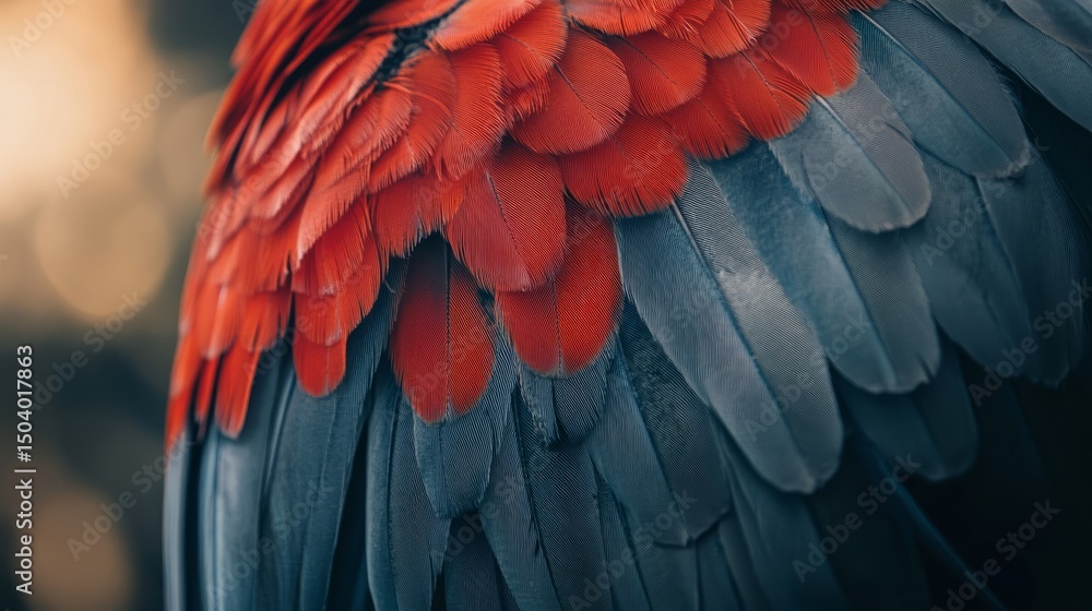 Fototapeta premium Vibrant close-up of scarlet macaw feathers showcasing bold red, yellow, and blue plumage in detailed texture for exotic bird and tropical wildlife backgrounds