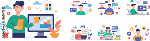 A vector illustration set of remote work or freelance character outline on white background