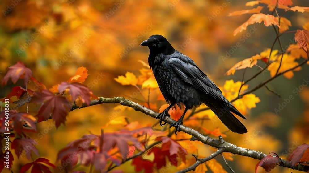 Black crow perched on tree branch with orange and red autumn leaves, peaceful fall scene featuring black bird and vibrant crow in nature Black crow perched on tree branch with orange and red autumn leaves, peaceful fall scene featuring black bird and vibrant crow in nature