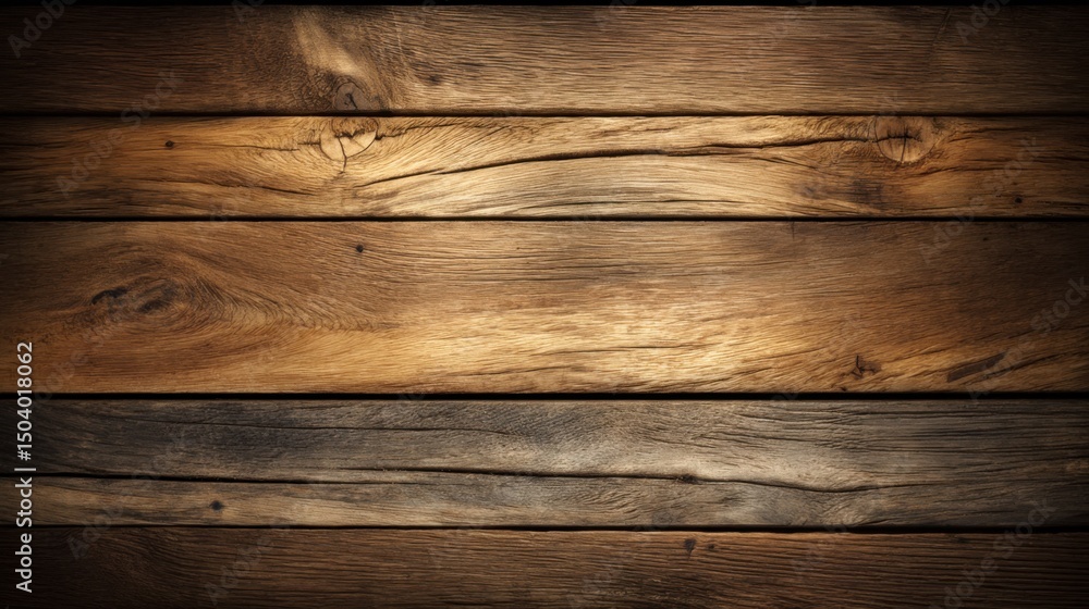 Fototapeta premium Rustic wooden surface with horizontal planks showcasing natural wood grain patterns, rich dark brown to golden brown tones, visible knots, and cracks. Aged and weathered texture, rough and tactile, en