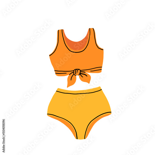 Swimwear set. Woman bikini swimsuit beachwear, summer bathing clothes, flat swim wear bra panties, cartoon fashion beach wear lingerie. Vector colorful swim suit collection.