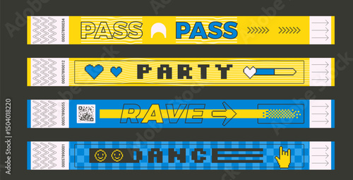 Festival party event bracelet tickets set. Music party, concert wristbands in retro style. Hand nightclub pass access. Paper wrist band templates on y2k events. Vector disco show id.
