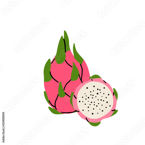 Summer tropical fruits for healthy lifestyle. Red dragon fruit, whole fruit and half. Vector illustration cartoon flat icon isolated on white.