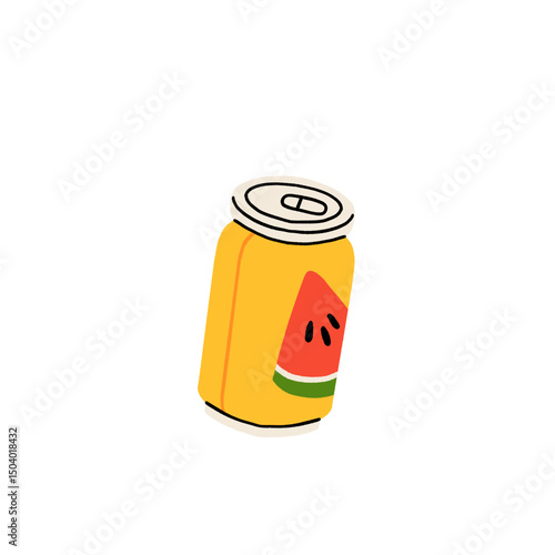 Soda drink, watermelon lemonade in tin. Fizzy carbonated berry flavored beverage, cold summer cocktail in aluminum can. Refreshment in metal jar. Flat vector illustration isolated