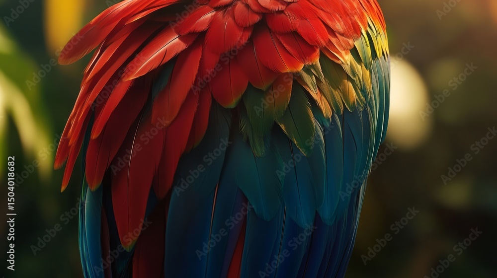 Fototapeta premium Vibrant close-up of scarlet macaw feathers showcasing bold red, yellow, and blue plumage in detailed texture for exotic bird and tropical wildlife backgrounds