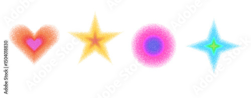 Colorful groovy figures with grain noise gradient. Y2k retro stippling psychedelic forms set. Circle, heart and star icons isolated. Vector vibrant illustration with pink, blue and purple gradation.