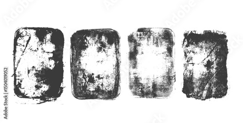 Ink grunge ruined stamps set. Distressed rectangle frames. Linocut rolled paint black tag. Vector handmade brayer smudged noise texture. Rough paint decorative irregular border.