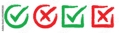 Set hand drawn check mark, tick and cross brush signs, checkmark OK and X icons, symbols YES and NO button, sketch checkmarks, - stock vector	