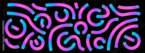 Colorful gradient lines set. Wavy abstract shapes collection. Decorative semicircle doodles. Irridescent curved spirals elements. Vector rainbow swirls. Carnival gradations strokes.