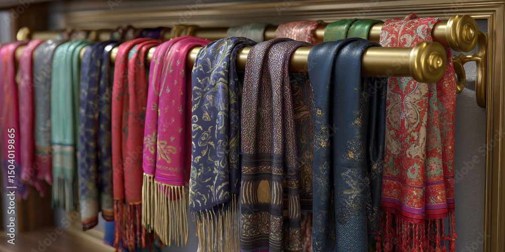 Vibrant Colorful Scarves Displayed on Stylish Gold Rack Vibrant Colorful Scarves Displayed on Stylish Gold Rack