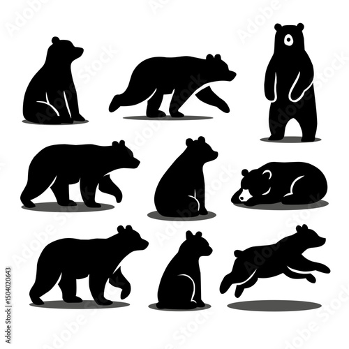 A collection of adorable black bear silhouettes in different poses and activities