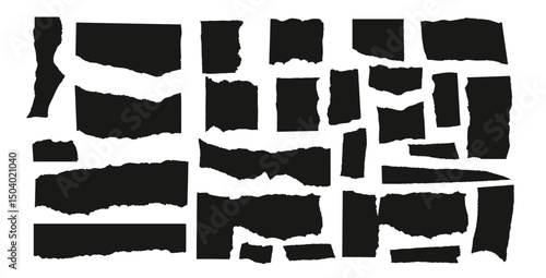 Set of torn papers silhouette. Tear sheet pieces black pack. Blanks with uneven textured edges. Newspapers cutouts. Empty callouts figures for text. Vector hand drawn geometric edged shapes.