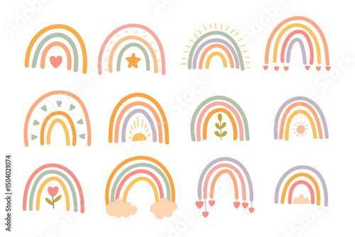 Set of pastel boho rainbows with cute symbols