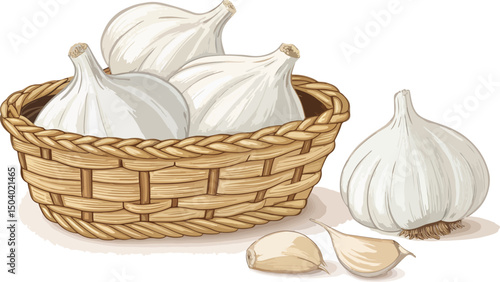 Fresh Garlic Cloves in Rustic Basket White Background, Garlic in basket, in white background vector design