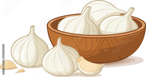 Garlic Cloves in White Bowl Clean Vector Background, Garlic illustration vector design