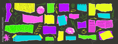 Set of torn edges vibrant papers with flowers. Tear sheet punk pieces pack. Note texture stickers with doodles. Blanks for messages. Scrapbooking small paper. Vector hand drawn illustration.