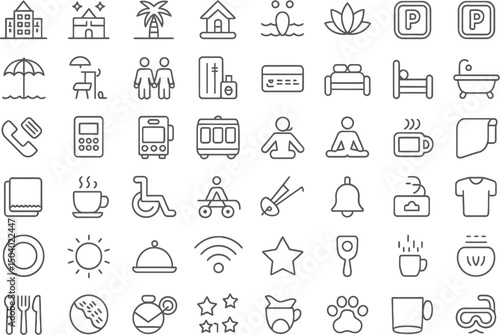 Collection of line art icons depicting travel accommodation and lifestyle services