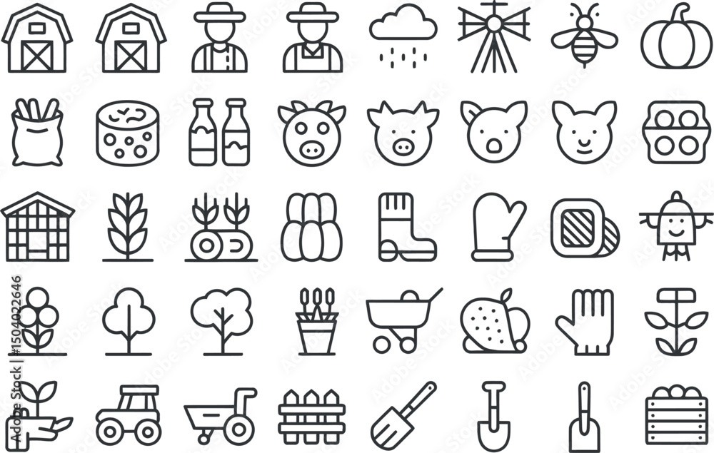 Collection of line art illustrations representing agriculture farming and gardening icons Collection of line art illustrations representing agriculture farming and gardening icons