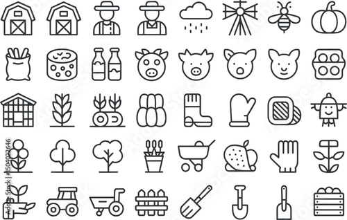 Collection of line art illustrations representing agriculture farming and gardening icons