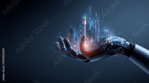 Futuristic robotic hand holding a holographic city.