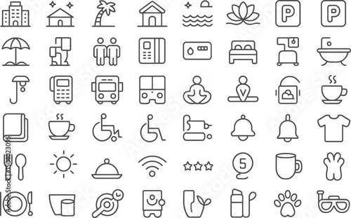Collection of minimalist black line icons representing various vacation, travel and hotel elements