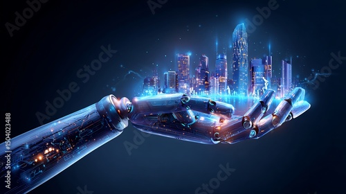 Fototapeta Naklejka Na Ścianę i Meble -  Futuristic robot hand holds a digital city.