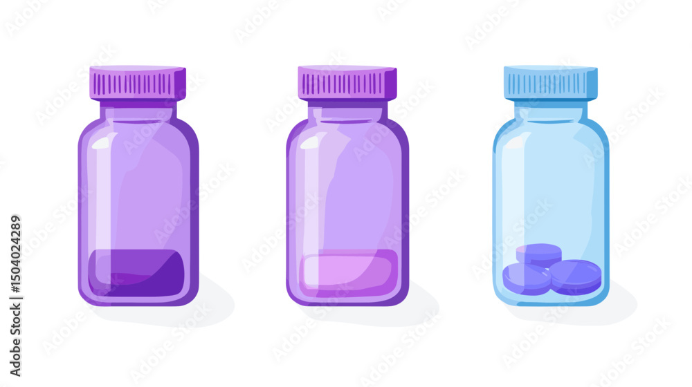 Three Pixelated Medicine Bottles with Purple and Blue Lids Filled with Tablets on White Background Three Pixelated Medicine Bottles with Purple and Blue Lids Filled with Tablets on White Background