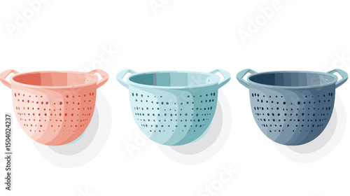 Three Pixelated Colanders in Pink Blue and Gray Kitchen Utensils with Perforations on White Background
