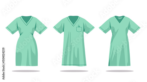 Three Pixelated Green Medical Scrubs in Different Styles on a White Background