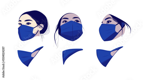 Three Pixelated Portraits of a Woman Wearing a Blue Mask on a White Background Depicting Health and Safety
