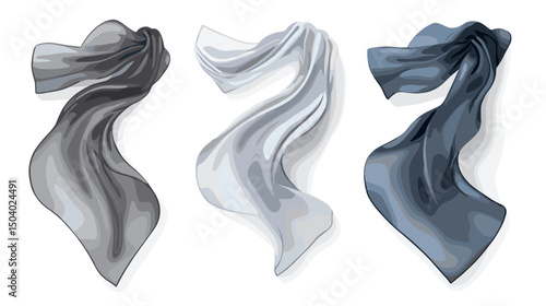 Three Swirling Fabrics Gray White and Blue in a Smooth Flowing Style on a Clean White Background