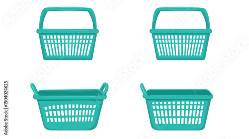 Turquoise Plastic Woven Baskets in Four Views for Household Storage Organization on White Background