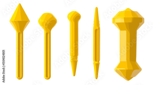 Variety of Geometric Yellow Ornaments on White Background Featuring Abstract Metallic Shapes in Three Dimensional Style