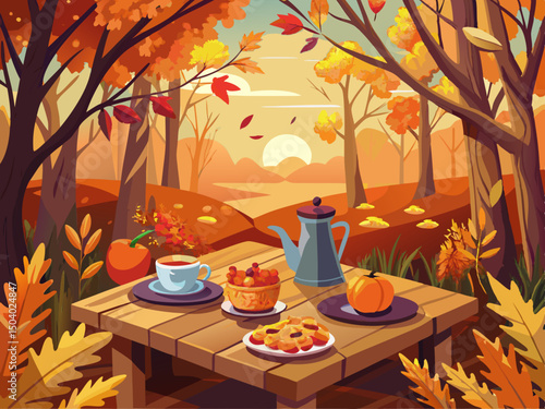 vector of Autumn table - orange leaves and wooden board at sunset in the forest...