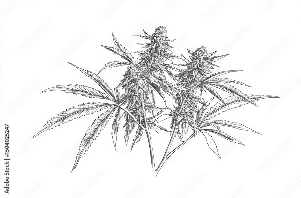 Fototapeta premium Technical line drawing of cannabis flower anatomy,