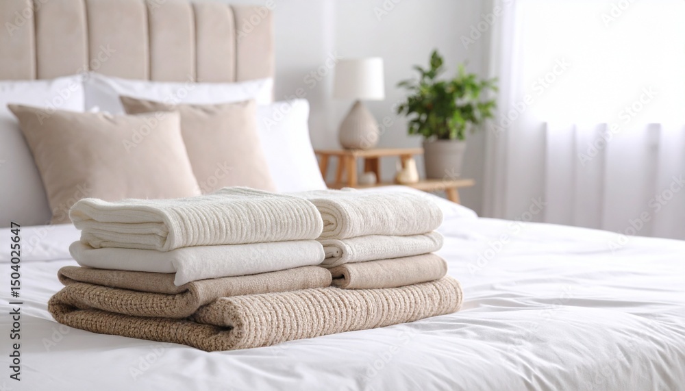 Fototapeta premium A neatly folded stack of fresh linens and bed sheets in a cozy bedroom creates a serene and comfortable atmosphere for relaxation