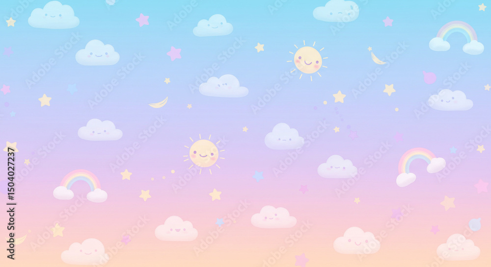 Kawaii wallpaper featuring cute clouds, a smiling sun, and twinkling stars against a pastel background Kawaii wallpaper featuring cute clouds, a smiling sun, and twinkling stars against a pastel background