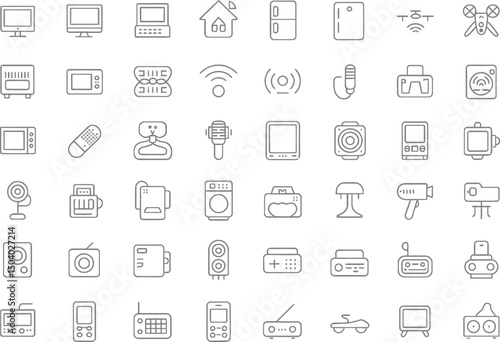 Collection of simple outlined icons depicting modern technology and electronic devices