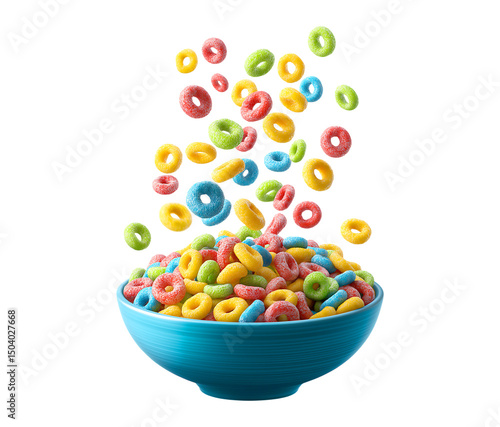 Falling colorful fruit loops cereal in a blue bowl perfect mockup design and banner. Cereal rings flying in the air  isolated on a transparent background