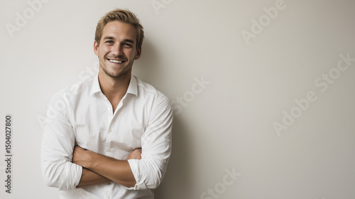 studio portrait of a iceland man 35 years old with arms crossed, warm smile, professional attire, simple clean white background
